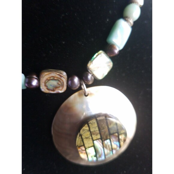 HAND MADE ABALONE PEARLS LIGHT BLUE STONE SILVER TONE NECKLACE 15" gorgeous - Picture 6 of 11